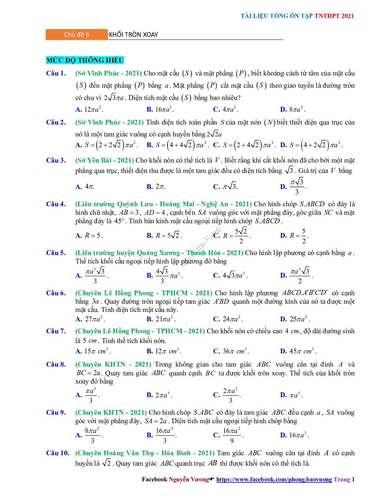 Trắc nghiệm Ôn thi THPT QG Toán 12:Câu hỏi khối tròn xoay mức độ thông hiểu (trang 1)
