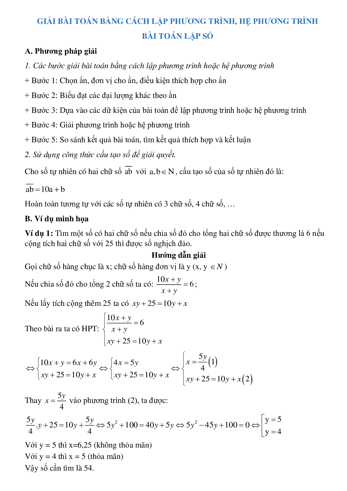 Giải bài toán bằng cách lập phương trình, hệ phương trình - Bài toán lập số, tìm số (trang 1)