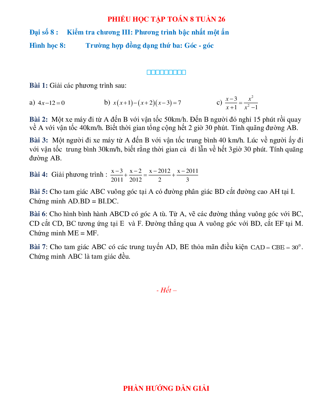 Phiếu bài tập tuần 26 - Toán 8 (trang 1)