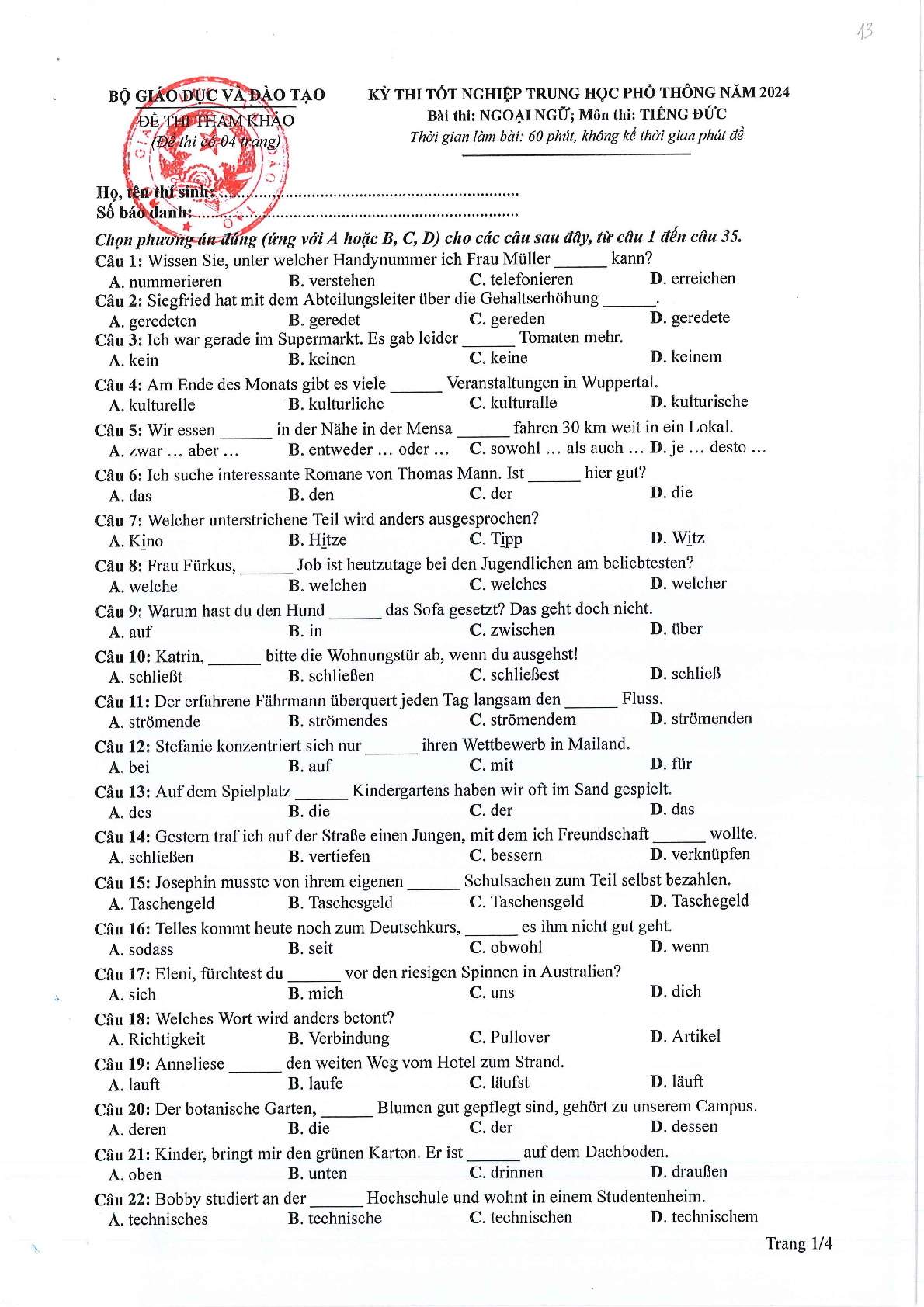 Đề thi tham khảo Tiếng Đức 2024 có đáp án (trang 1)