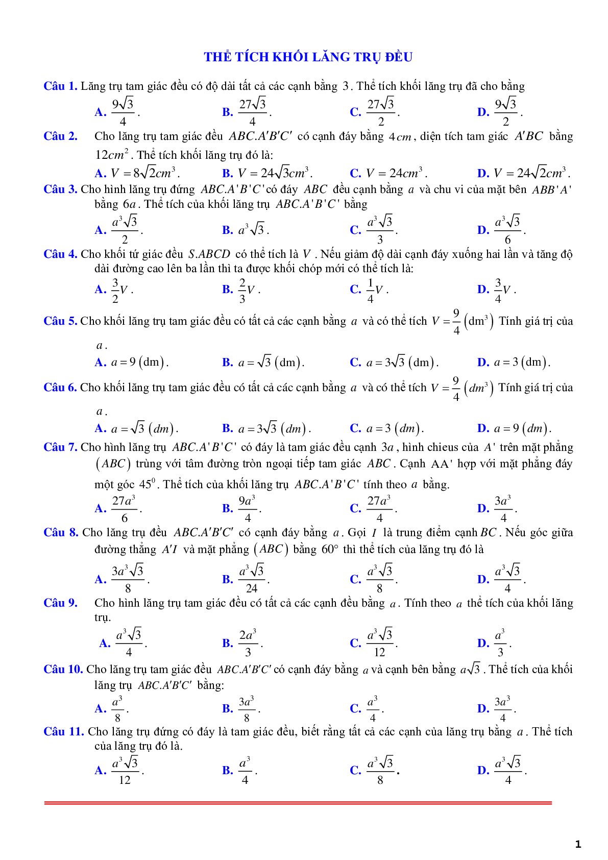 101 câu trắc nghiệm về thể tích khối lăng trụ đều - có lời giải chi tiết (trang 1)