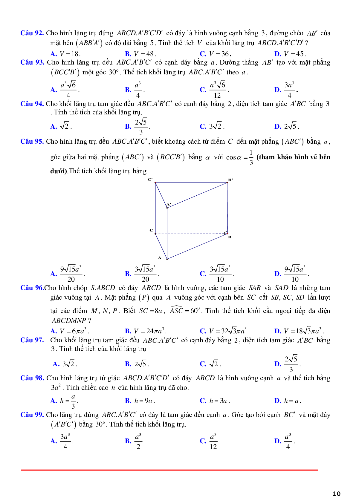101 câu trắc nghiệm về thể tích khối lăng trụ đều - có lời giải chi tiết (trang 10)
