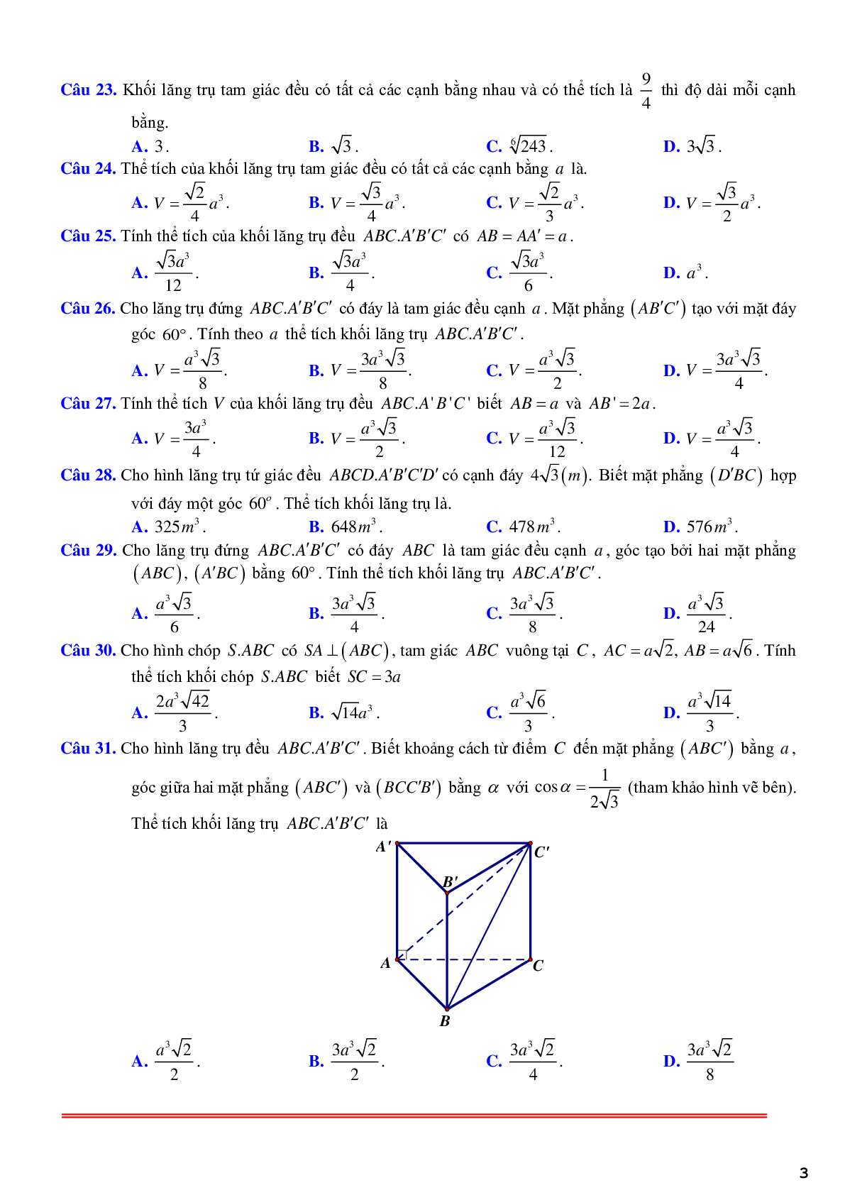 101 câu trắc nghiệm về thể tích khối lăng trụ đều - có lời giải chi tiết (trang 3)