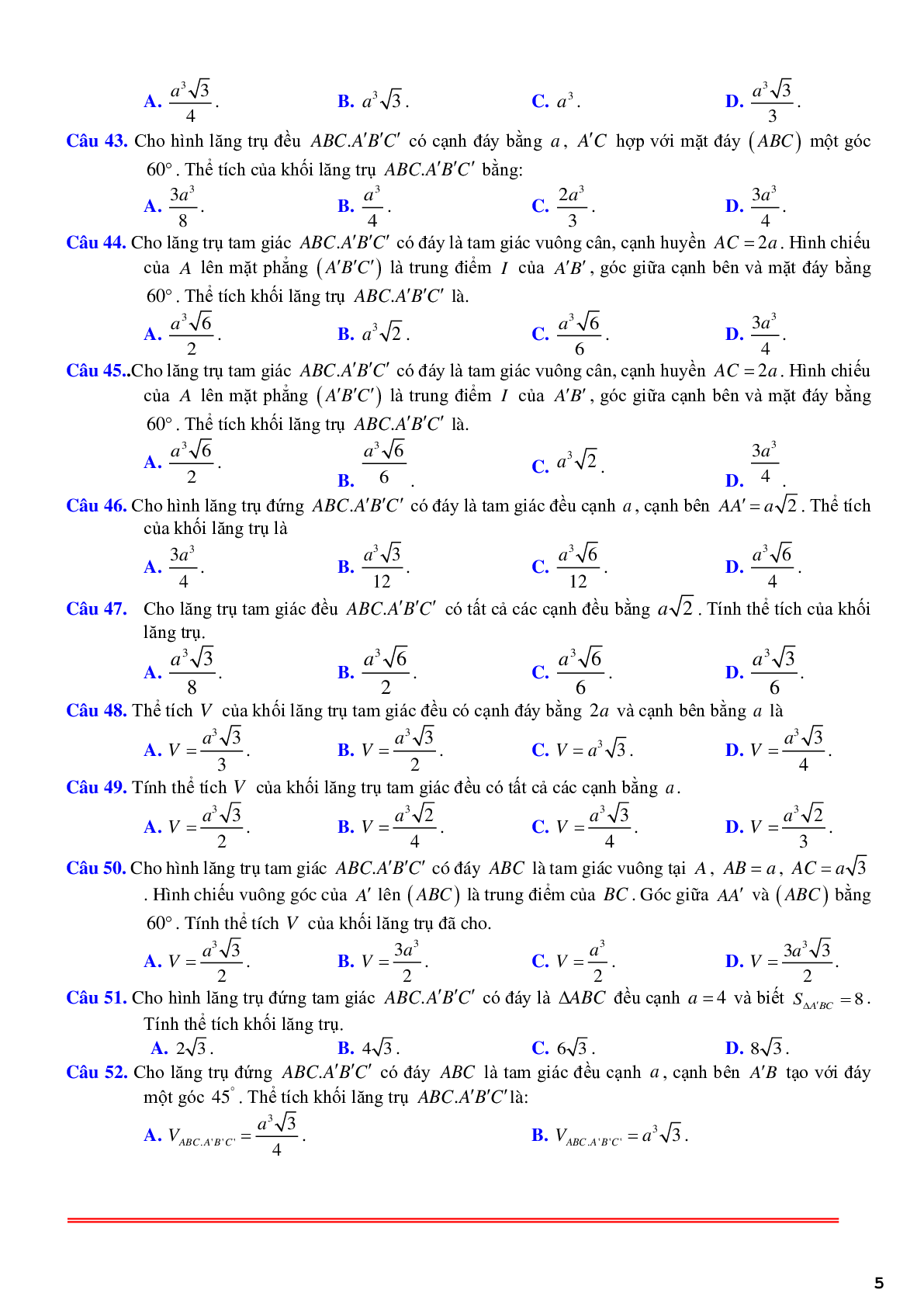 101 câu trắc nghiệm về thể tích khối lăng trụ đều - có lời giải chi tiết (trang 5)
