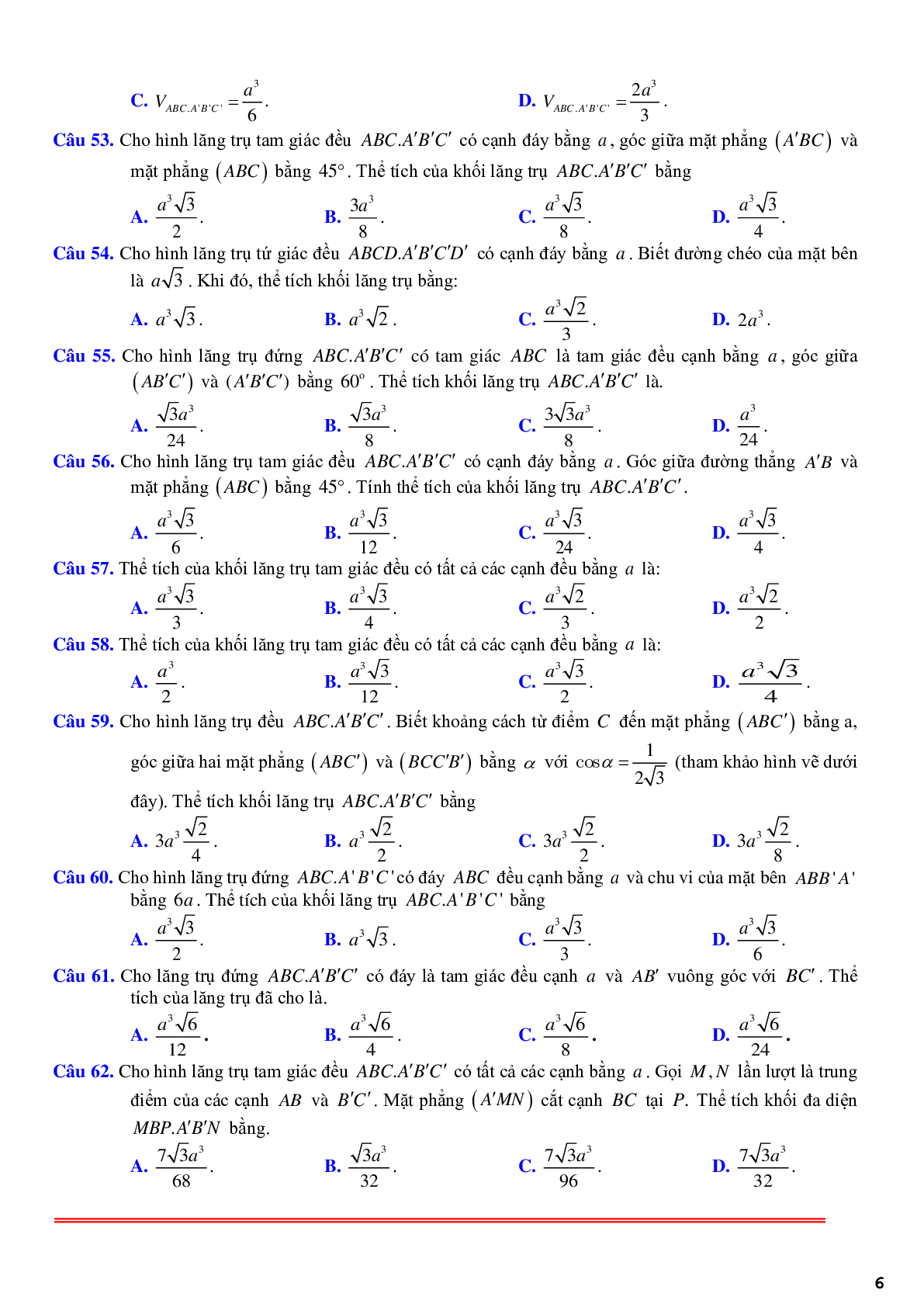 101 câu trắc nghiệm về thể tích khối lăng trụ đều - có lời giải chi tiết (trang 6)