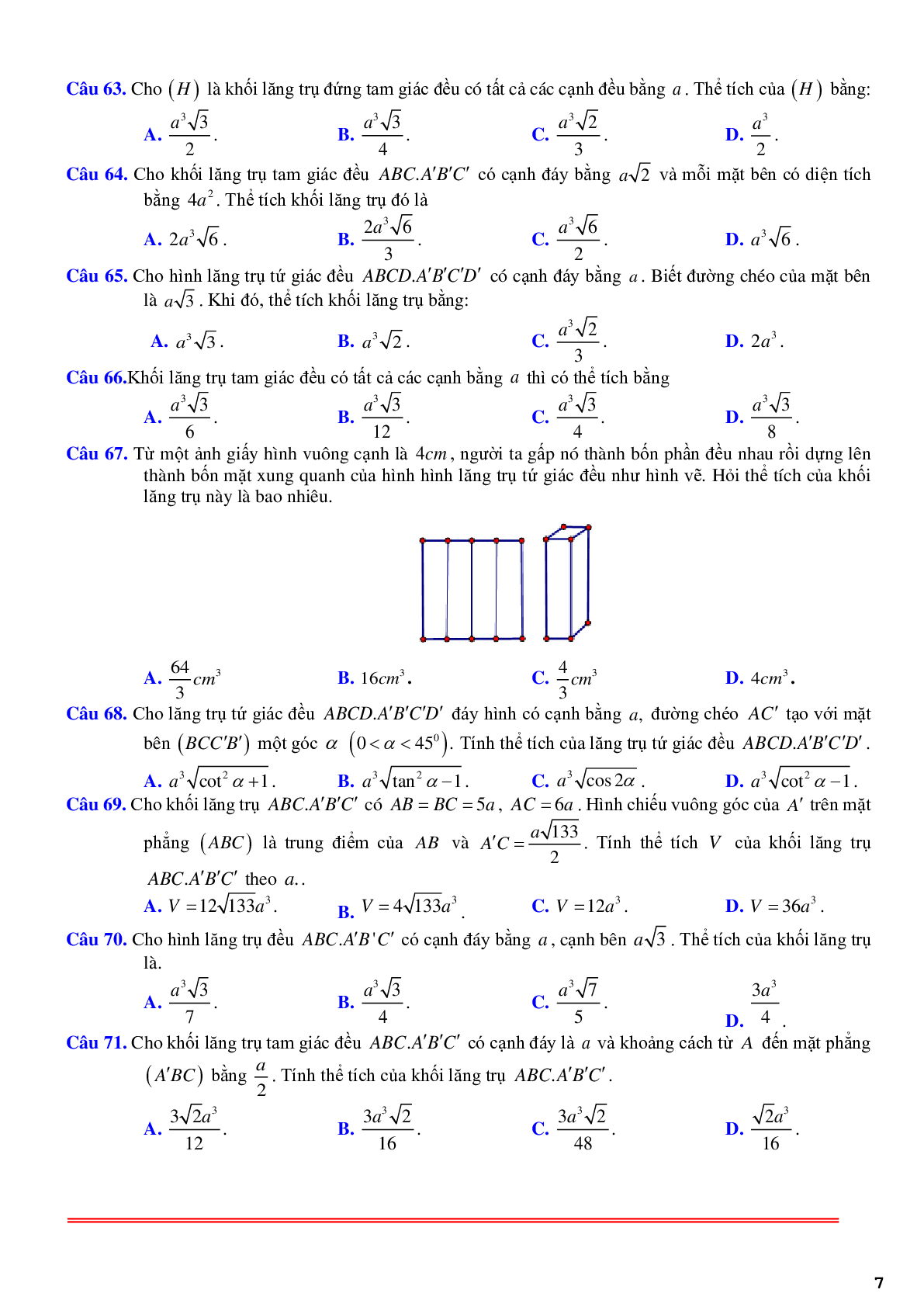 101 câu trắc nghiệm về thể tích khối lăng trụ đều - có lời giải chi tiết (trang 7)