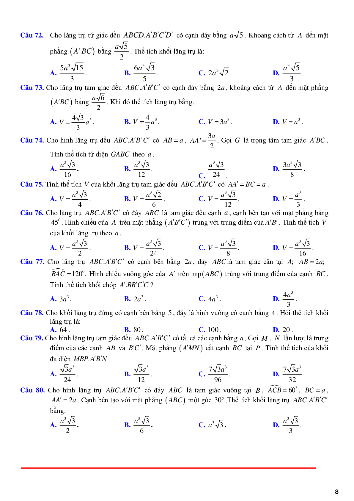 101 câu trắc nghiệm về thể tích khối lăng trụ đều - có lời giải chi tiết (trang 8)