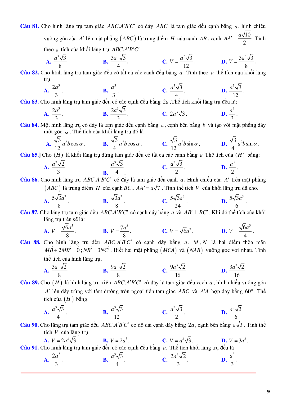 101 câu trắc nghiệm về thể tích khối lăng trụ đều - có lời giải chi tiết (trang 9)
