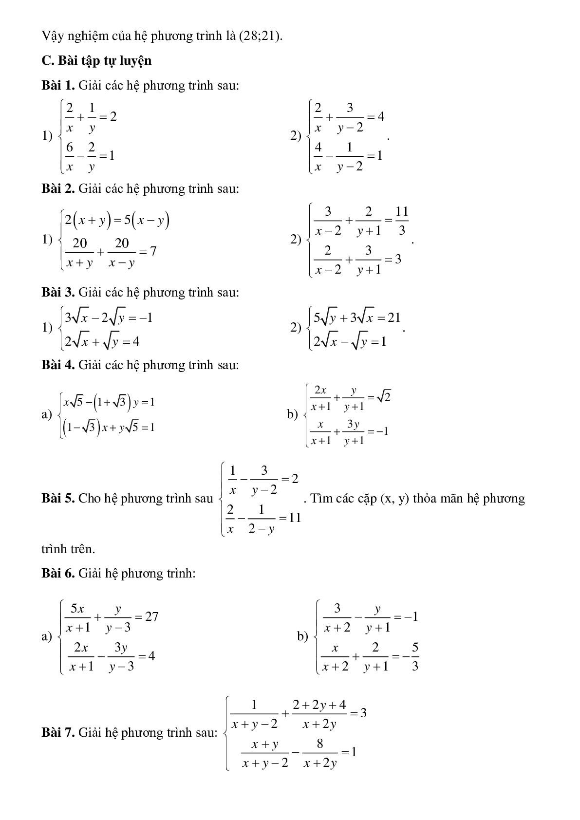Bài tập về Giải hệ phương trình bằng phương pháp đặt ẩn phụ có lời giải (trang 3)