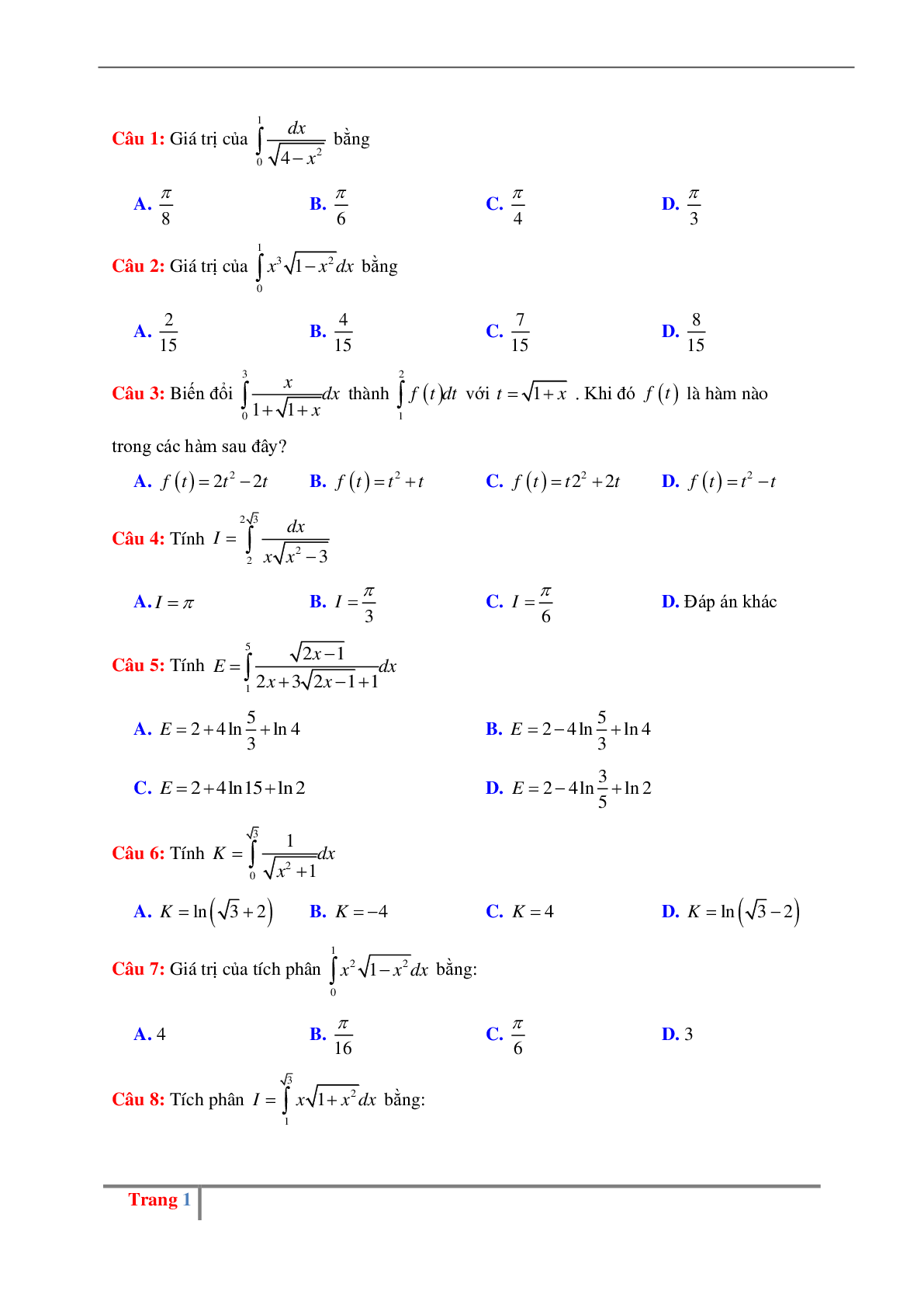 Các dạng bài tập về phương pháp tính tích phân có đáp án (trang 1)