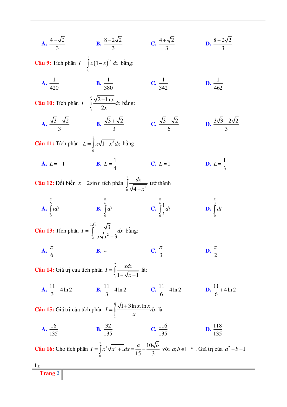 Các dạng bài tập về phương pháp tính tích phân có đáp án (trang 2)