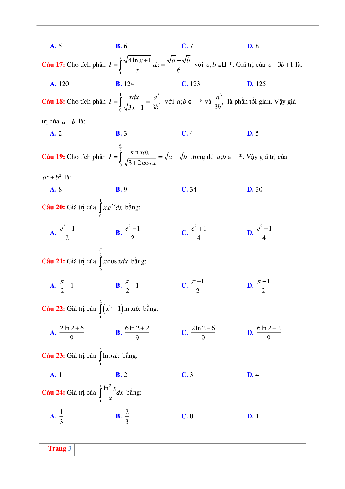 Các dạng bài tập về phương pháp tính tích phân có đáp án (trang 3)