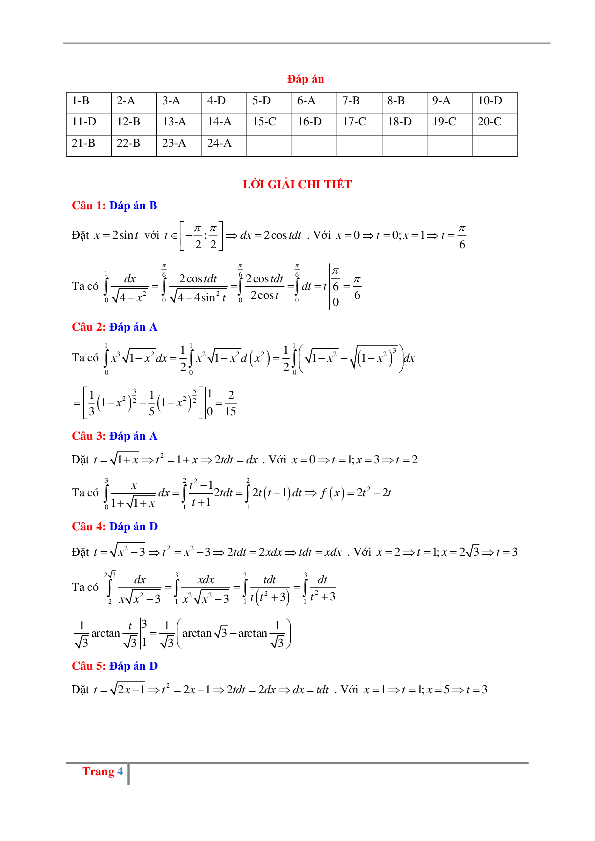 Các dạng bài tập về phương pháp tính tích phân có đáp án (trang 4)