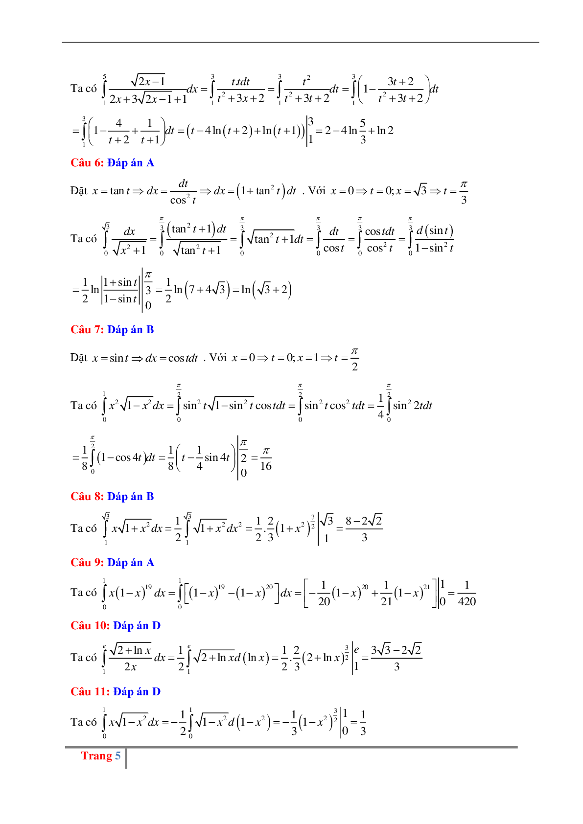 Các dạng bài tập về phương pháp tính tích phân có đáp án (trang 5)