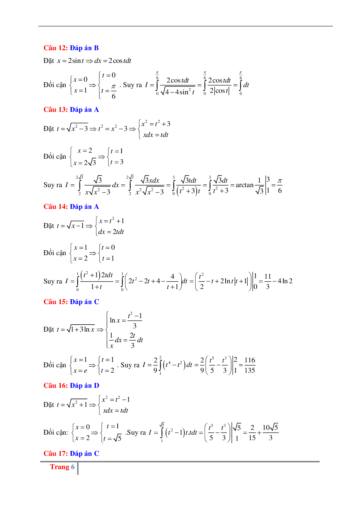 Các dạng bài tập về phương pháp tính tích phân có đáp án (trang 6)