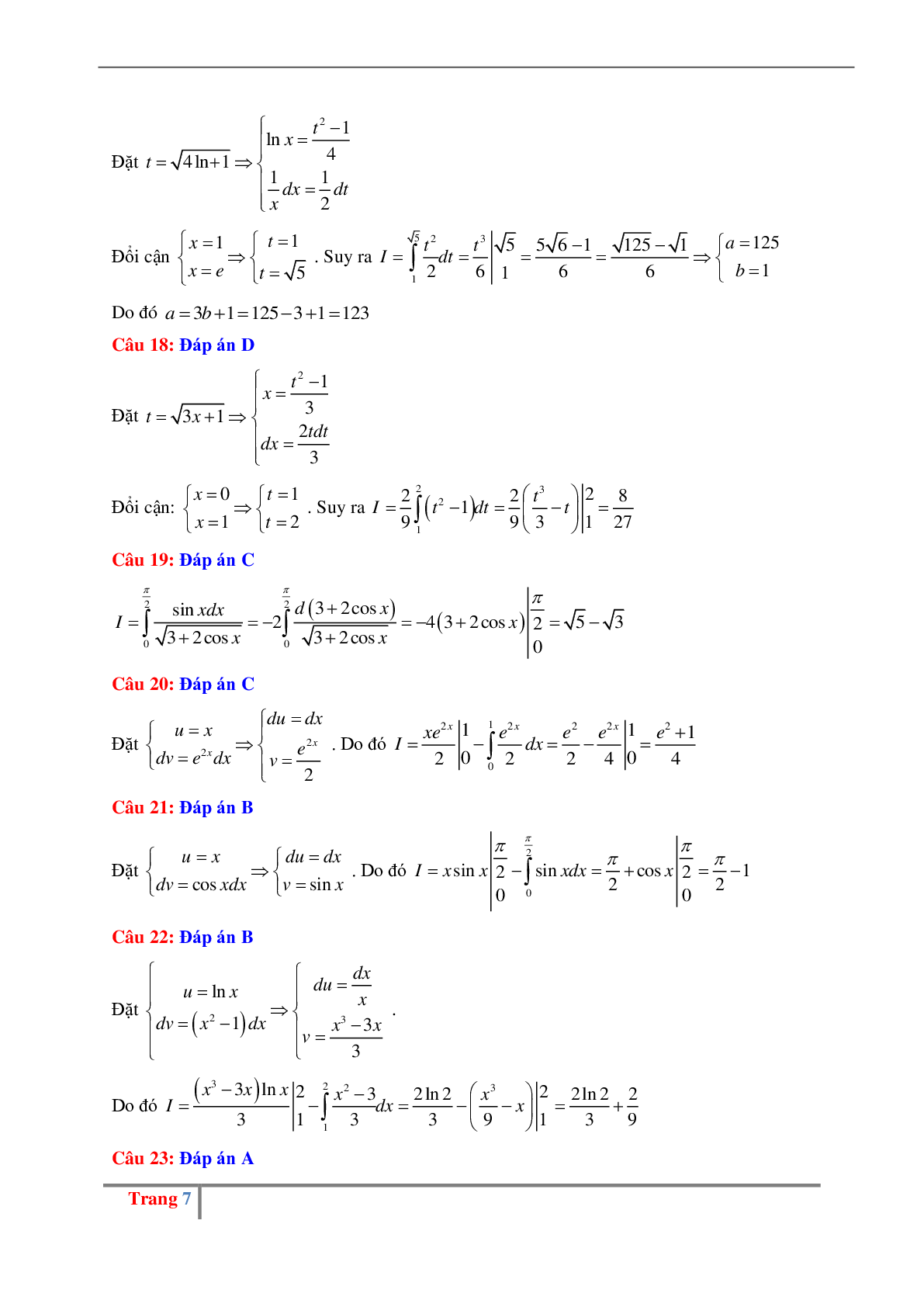 Các dạng bài tập về phương pháp tính tích phân có đáp án (trang 7)