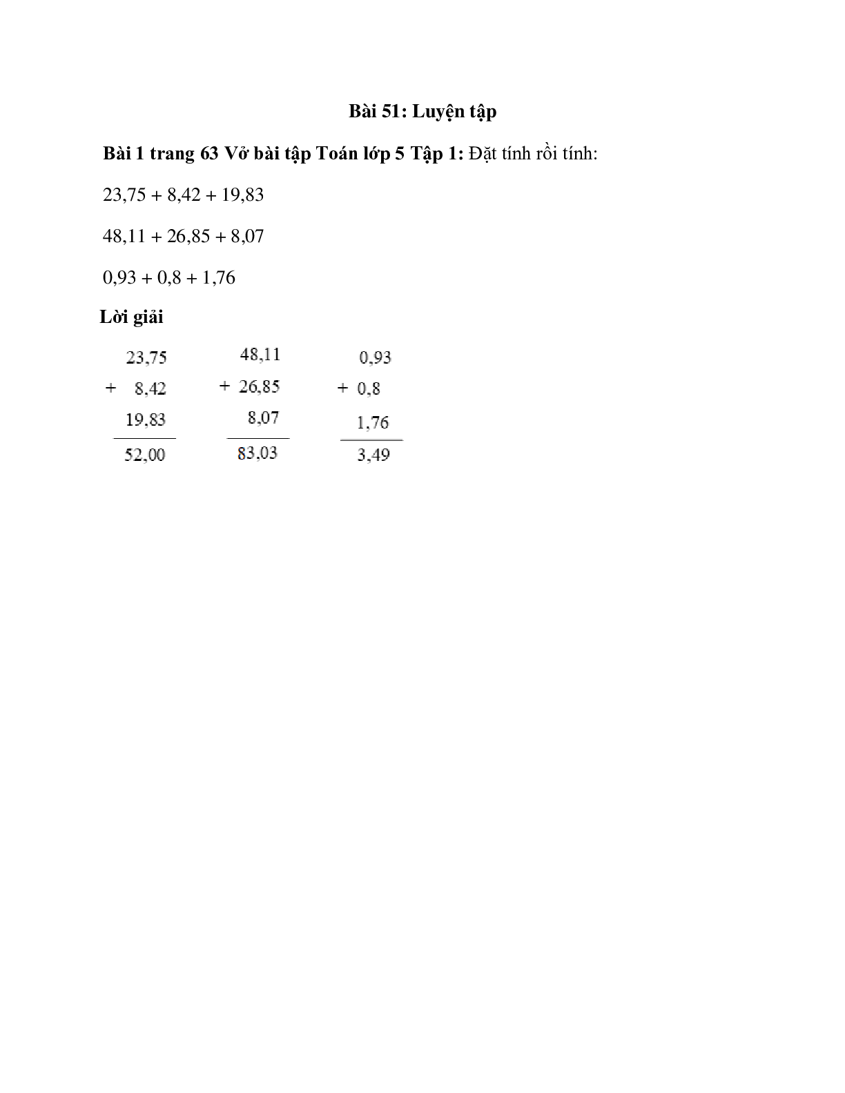 Đặt tính rồi tính:  23,75 + 8,42 + 19,83 (trang 1)