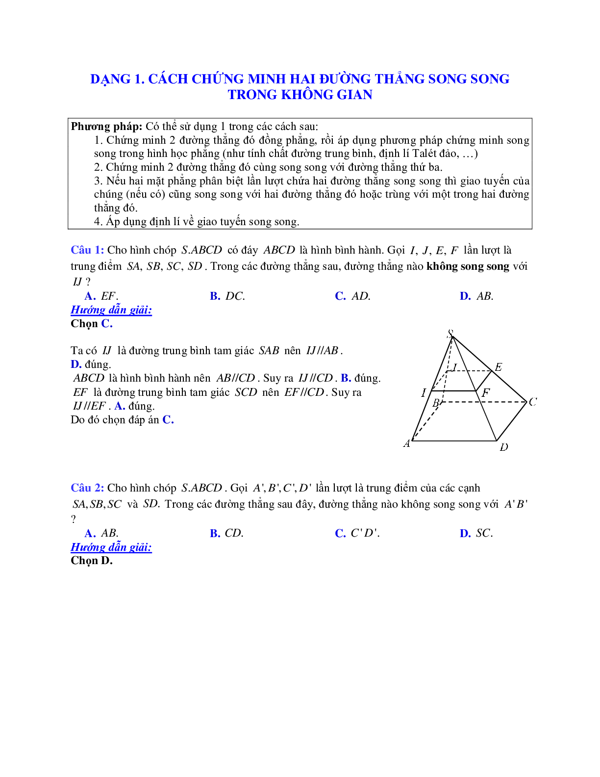 Phương pháp giải và bài tập về Cách chứng minh hai đường thẳng song song trong không gian (trang 1)