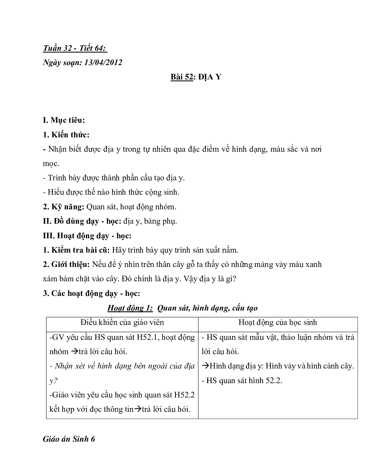 Giáo án Sinh học 6 Bài 52: Địa y mới nhất - CV5512 (trang 1)