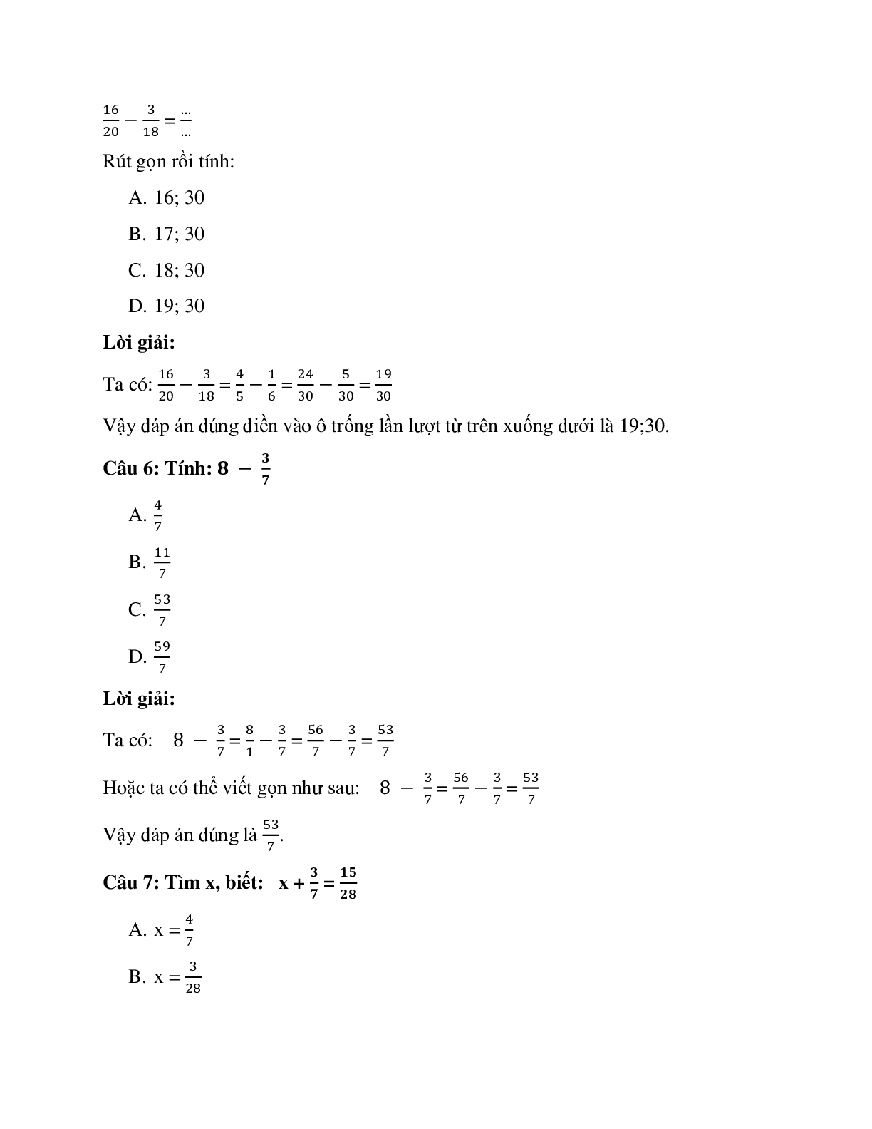 26 câu Trắc nghiệm Phép trừ phân số có đáp án 2023 – Toán lớp 4 (trang 3)