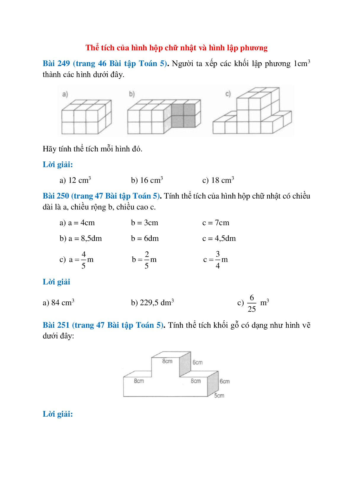 SBT Toán lớp 5 trang 46, 47, 48, 49 Thể tích của hình hộp chữ nhật và hình lập phương (trang 1)