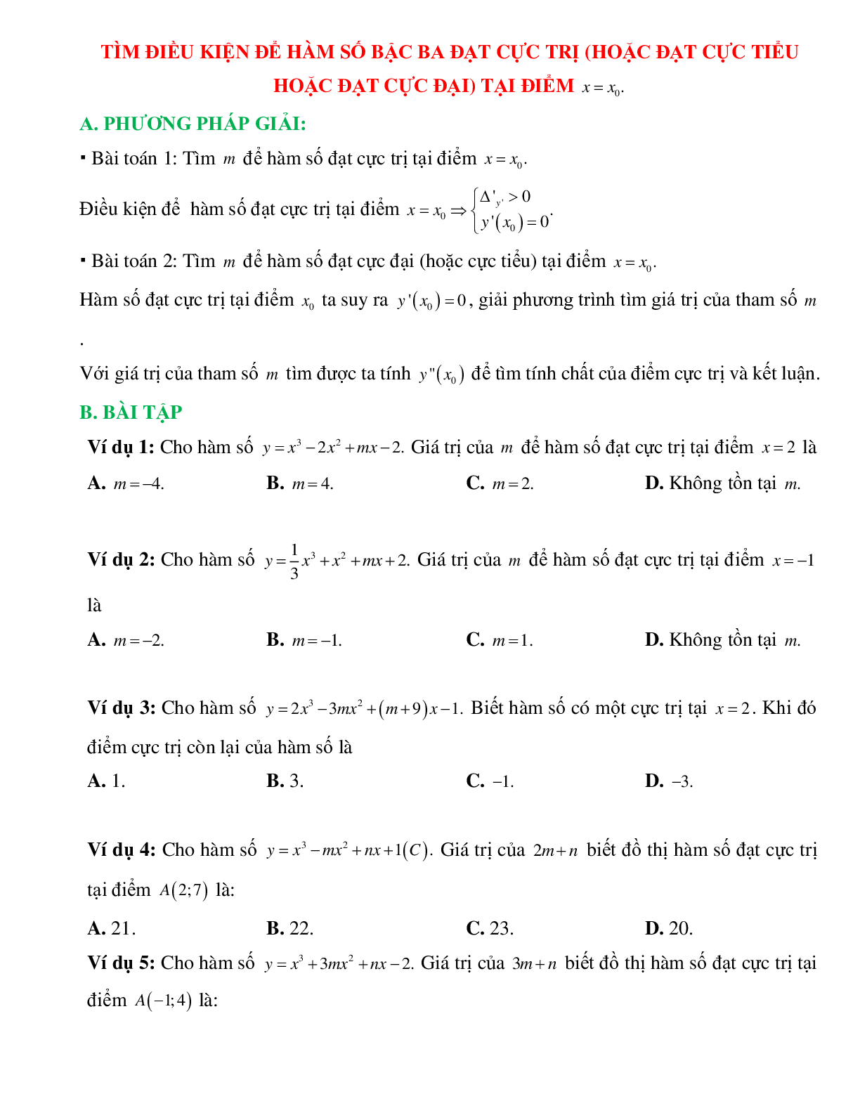 Tìm điều kiện để hàm số bậc ba đạt cực trị hoặc cực tiểu tại x = xo (trang 1)