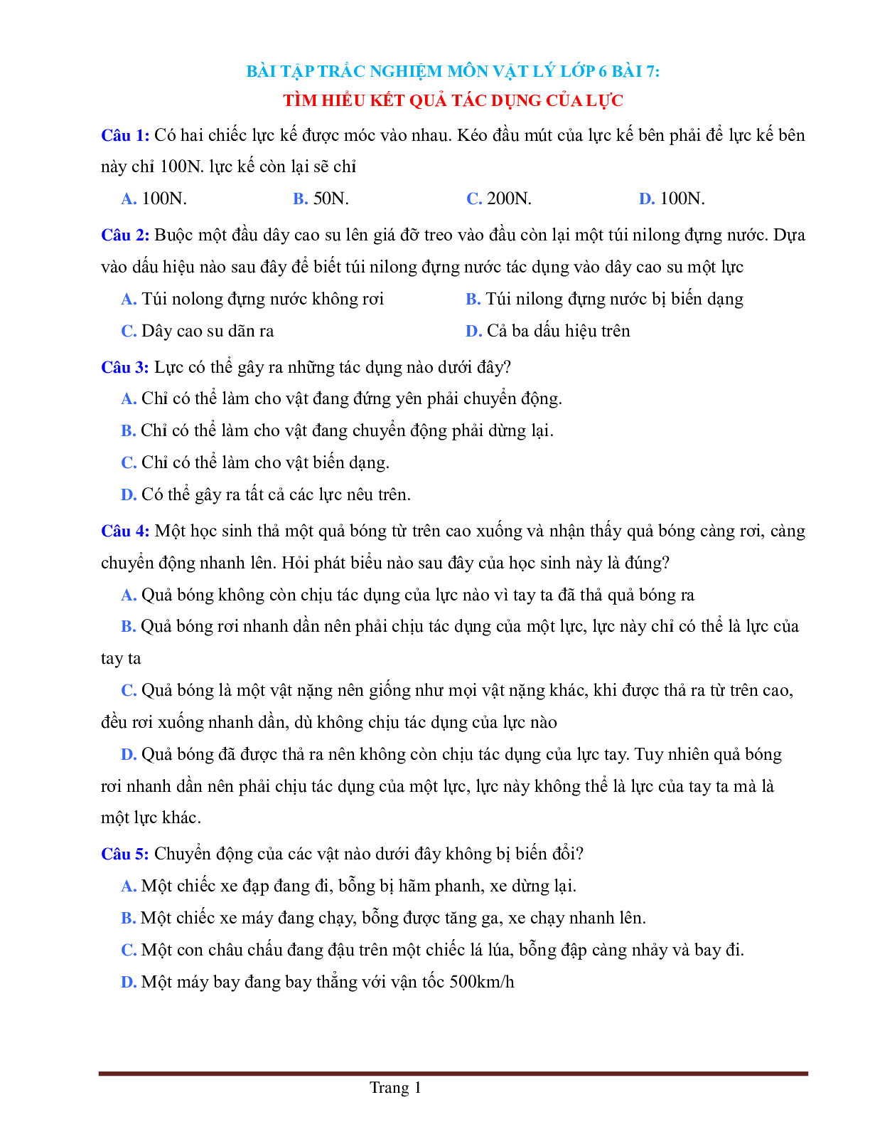 BÀI TẬP TRẮC NGHIỆM MÔN VẬT LÝ LỚP 6 BÀI 7: TÌM HIỂU KẾT QUẢ TÁC DỤNG CỦA LỰC (trang 1)