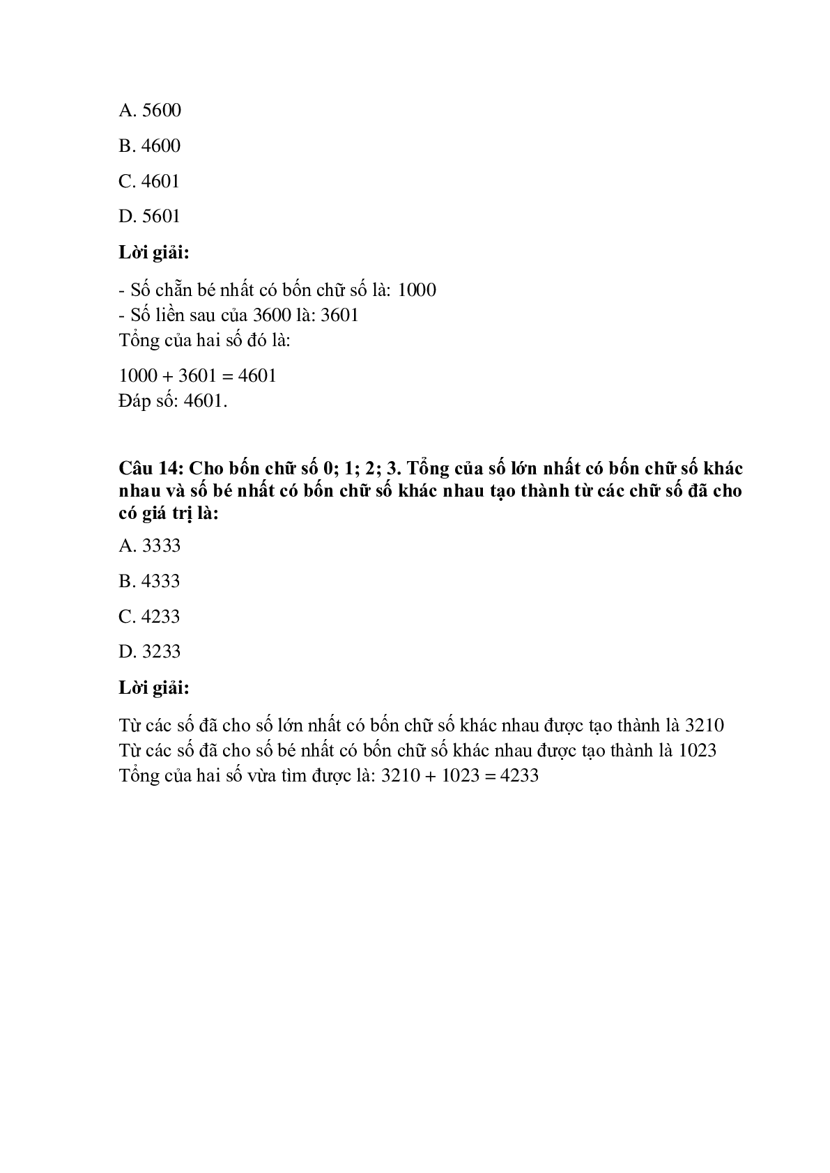 Trắc nghiệm Phép cộng các số trong phạm vi 10 000 có đáp án – Toán lớp 3 (trang 6)