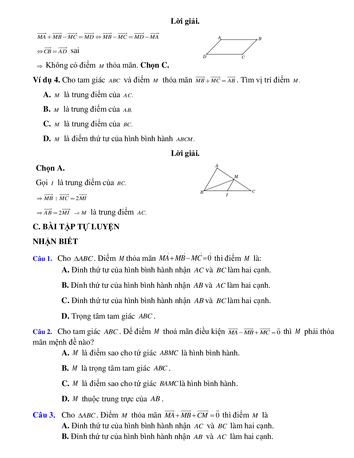 Bài tập tự luyện Xác định điểm thỏa mãn đẳng thức vectơ có đáp án (trang 2)