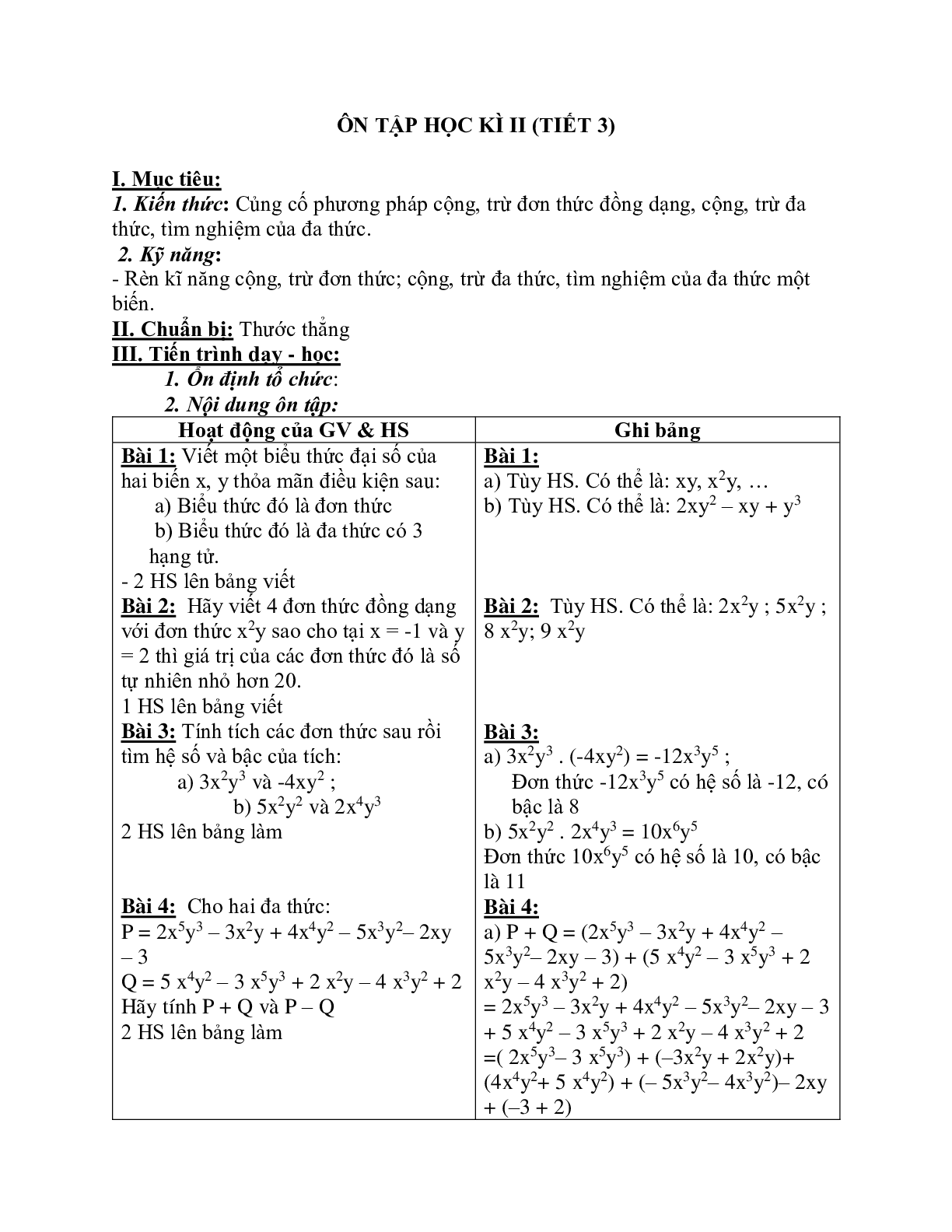 Giáo án Toán học 7: Ôn tập học kì 2 (tiết 3) chuẩn nhất (trang 1)