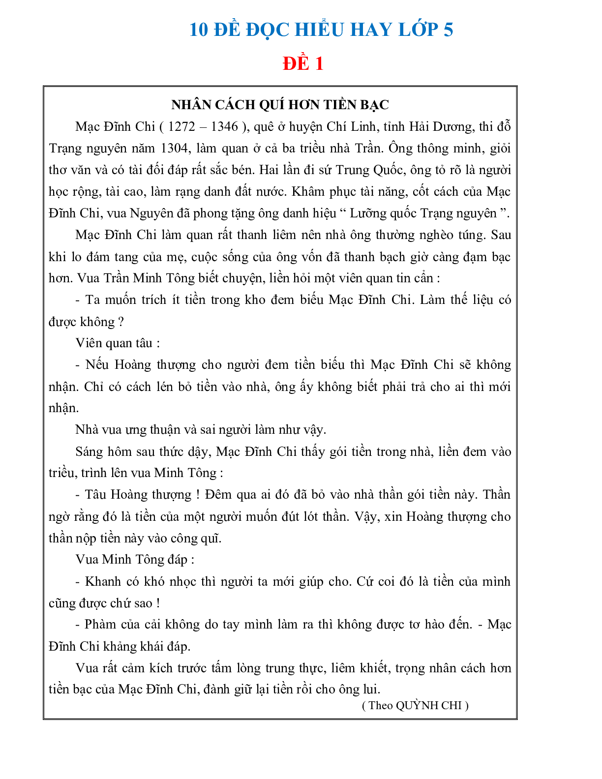 10 đề đọc hiểu hay môn Tiếng Việt lớp 5 có đáp án (trang 1)