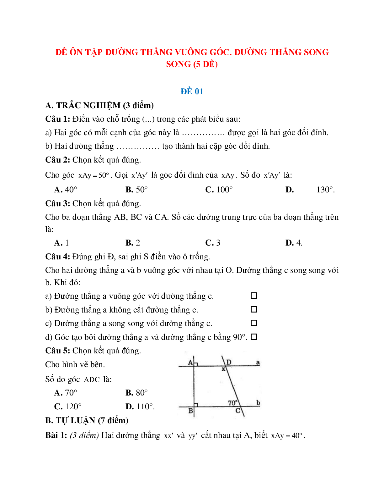 Đề ôn tập đường thẳng vuông góc, đường thẳng song song (5 đề) (trang 1)