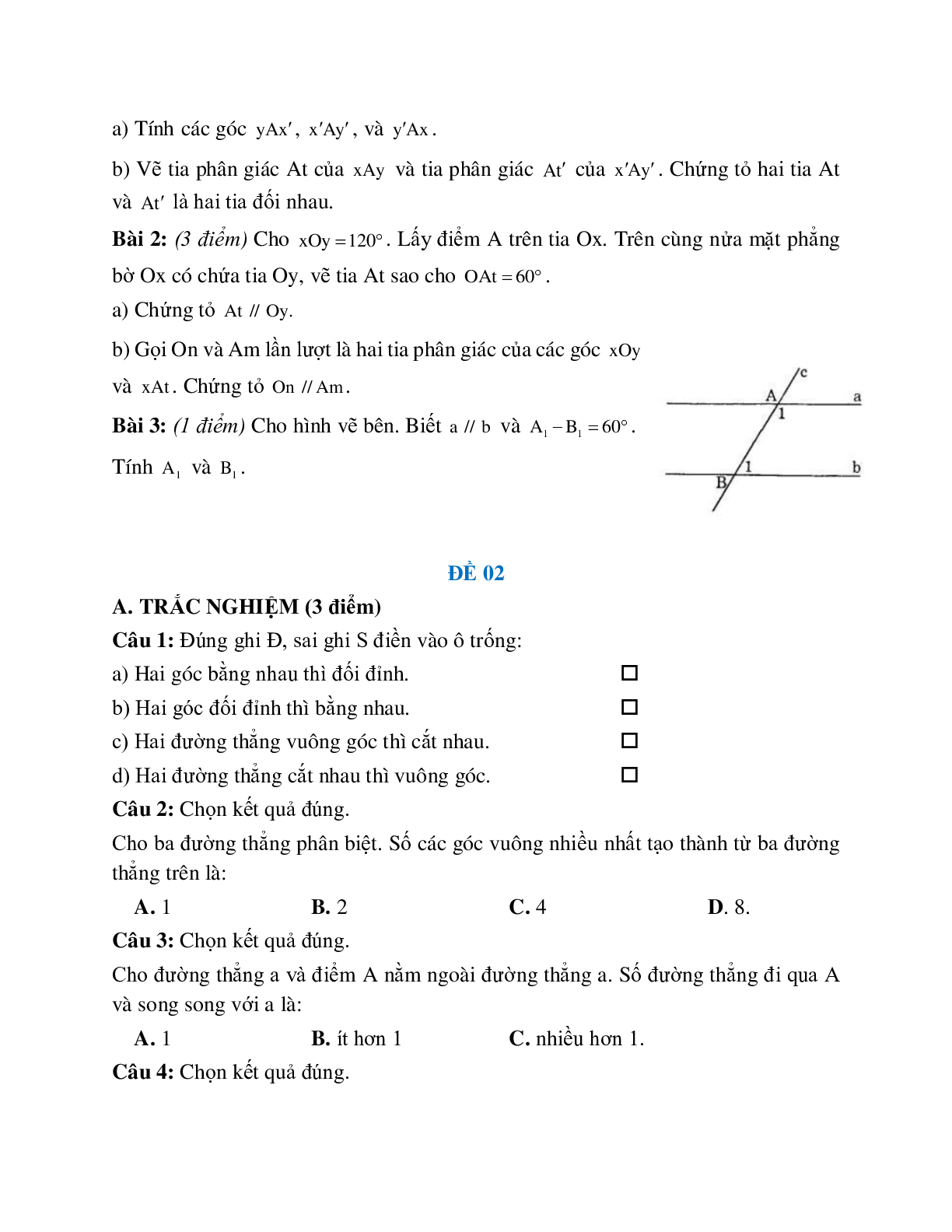 Đề ôn tập đường thẳng vuông góc, đường thẳng song song (5 đề) (trang 2)