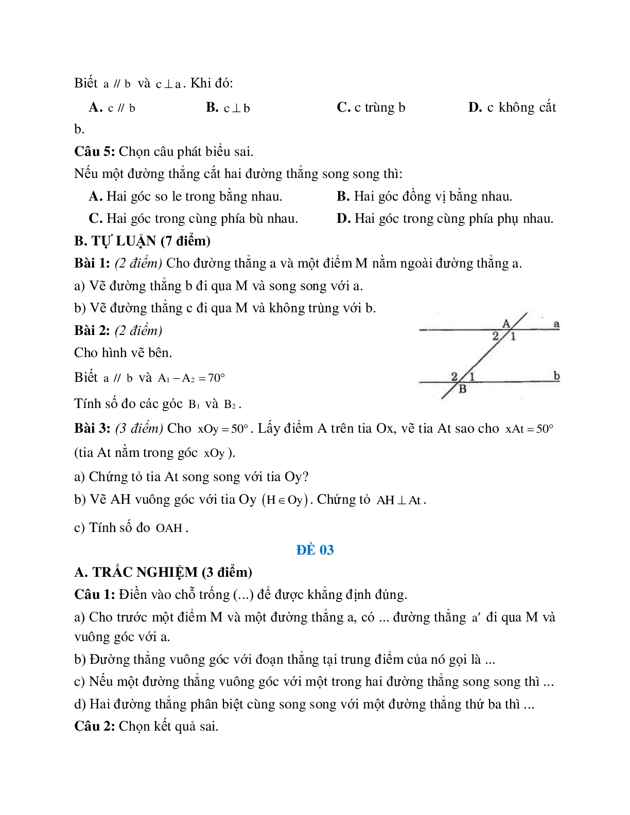Đề ôn tập đường thẳng vuông góc, đường thẳng song song (5 đề) (trang 3)
