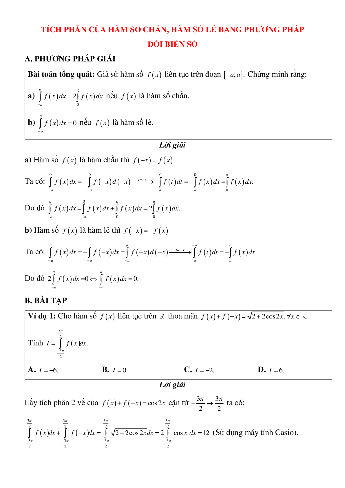 Tích phân của hàm số chẵn, hàm số lẻ bằng phương pháp đổi biến số Toán 12 (trang 1)