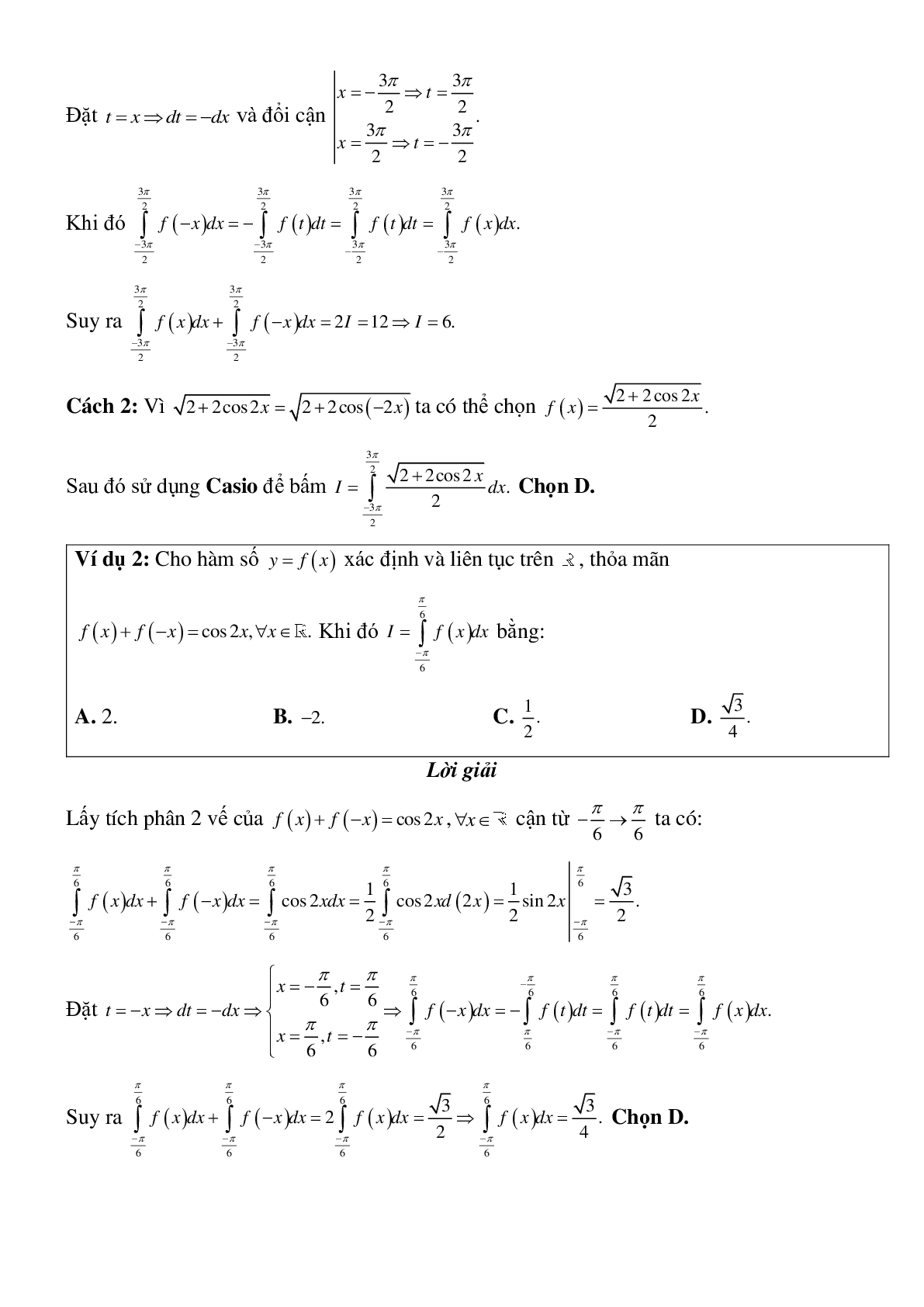 Tích phân của hàm số chẵn, hàm số lẻ bằng phương pháp đổi biến số Toán 12 (trang 2)