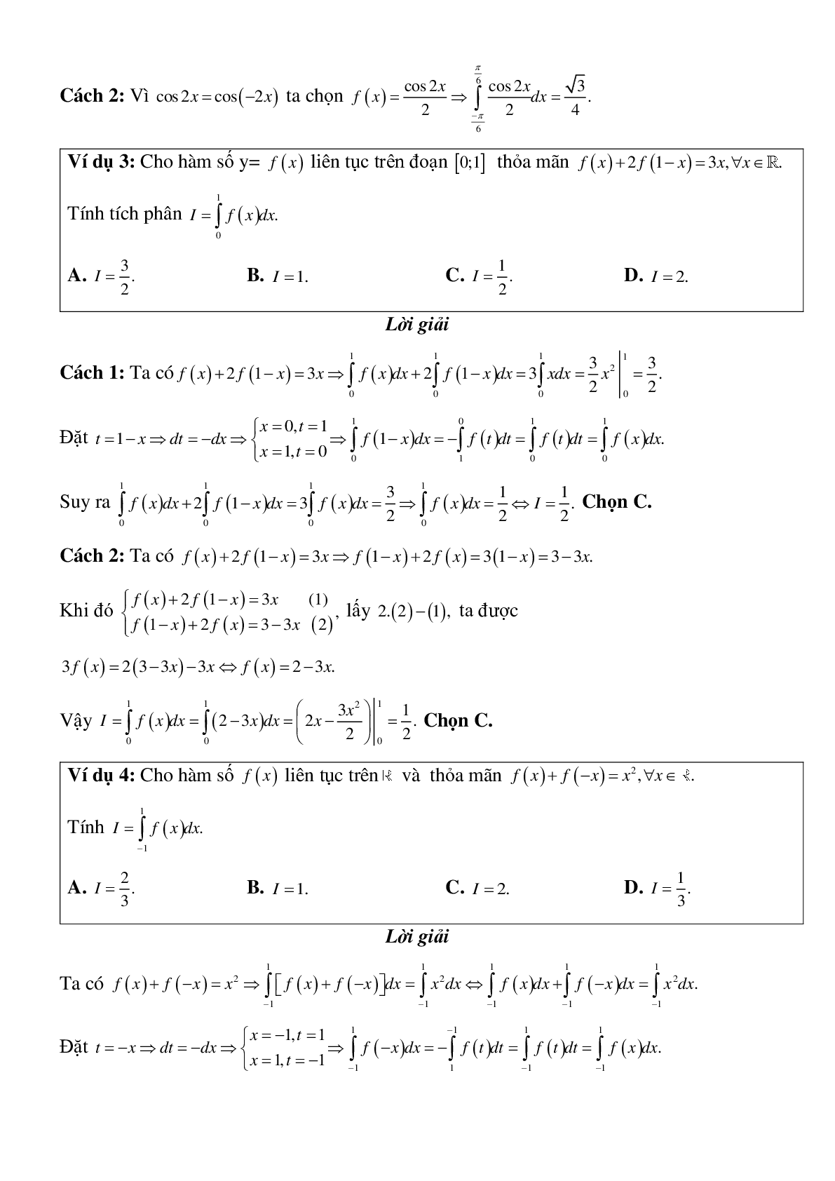 Tích phân của hàm số chẵn, hàm số lẻ bằng phương pháp đổi biến số Toán 12 (trang 3)