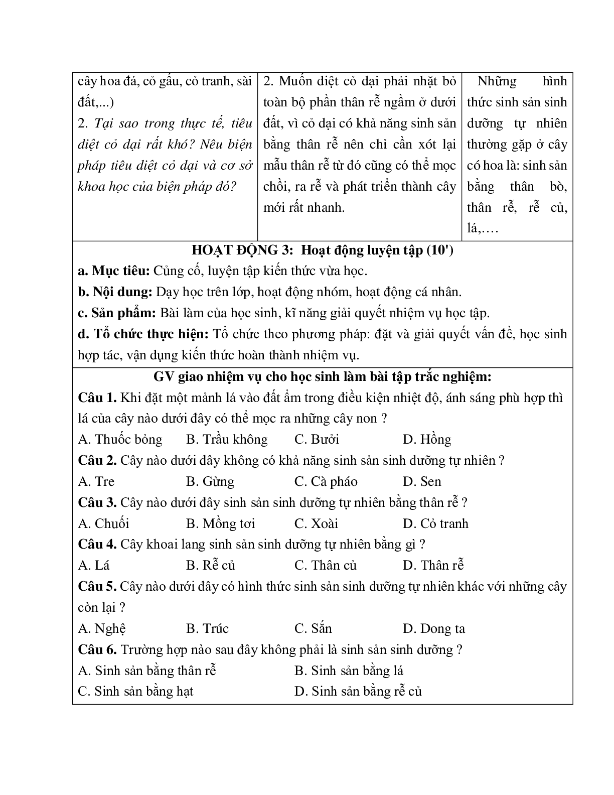 Giáo án Sinh học 6 Bài 26: Sinh sản sinh dưỡng tự nhiên mới nhất - CV5555 (trang 4)