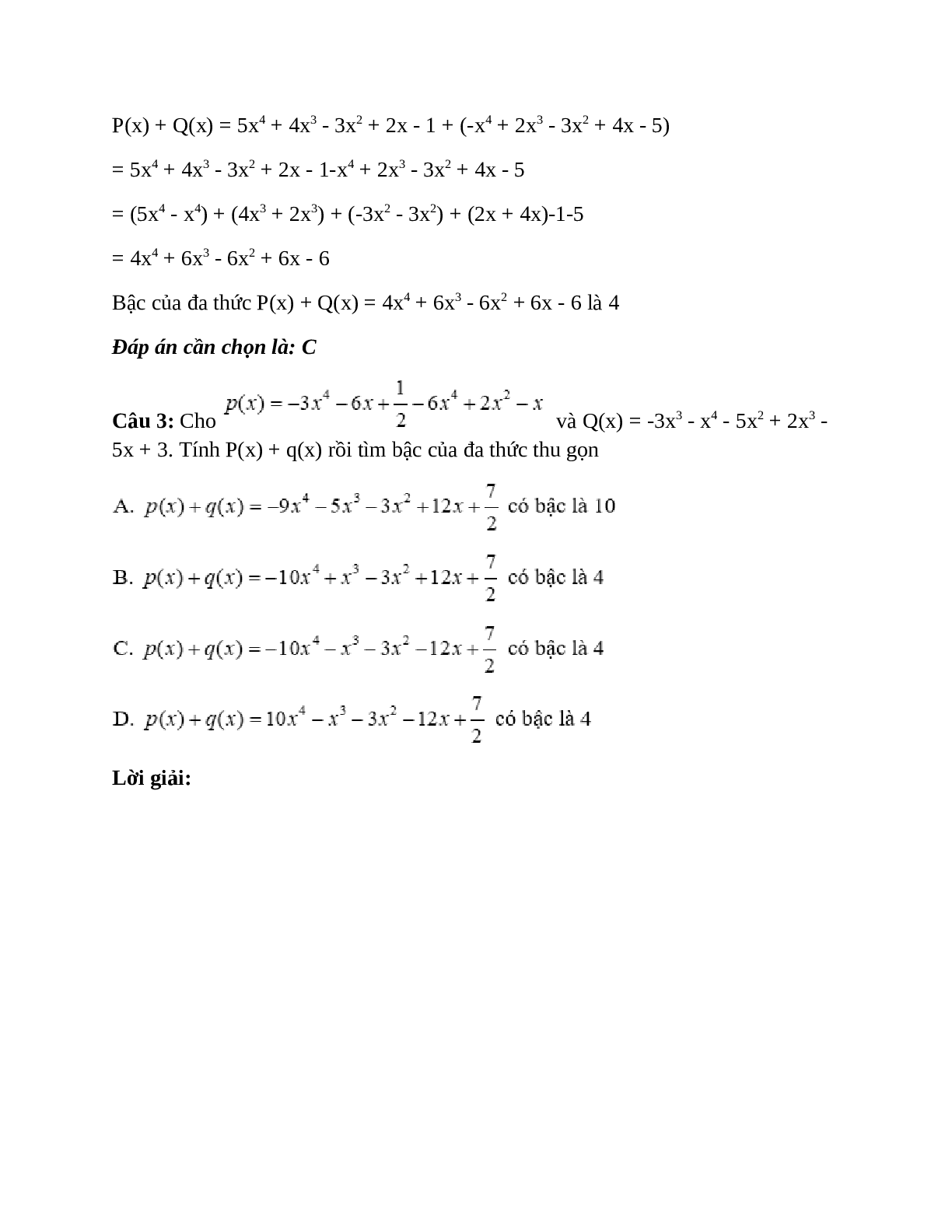 Trắc nghiệm Cộng, trừ đa thức một biến có đáp án – Toán lớp 7 (trang 2)