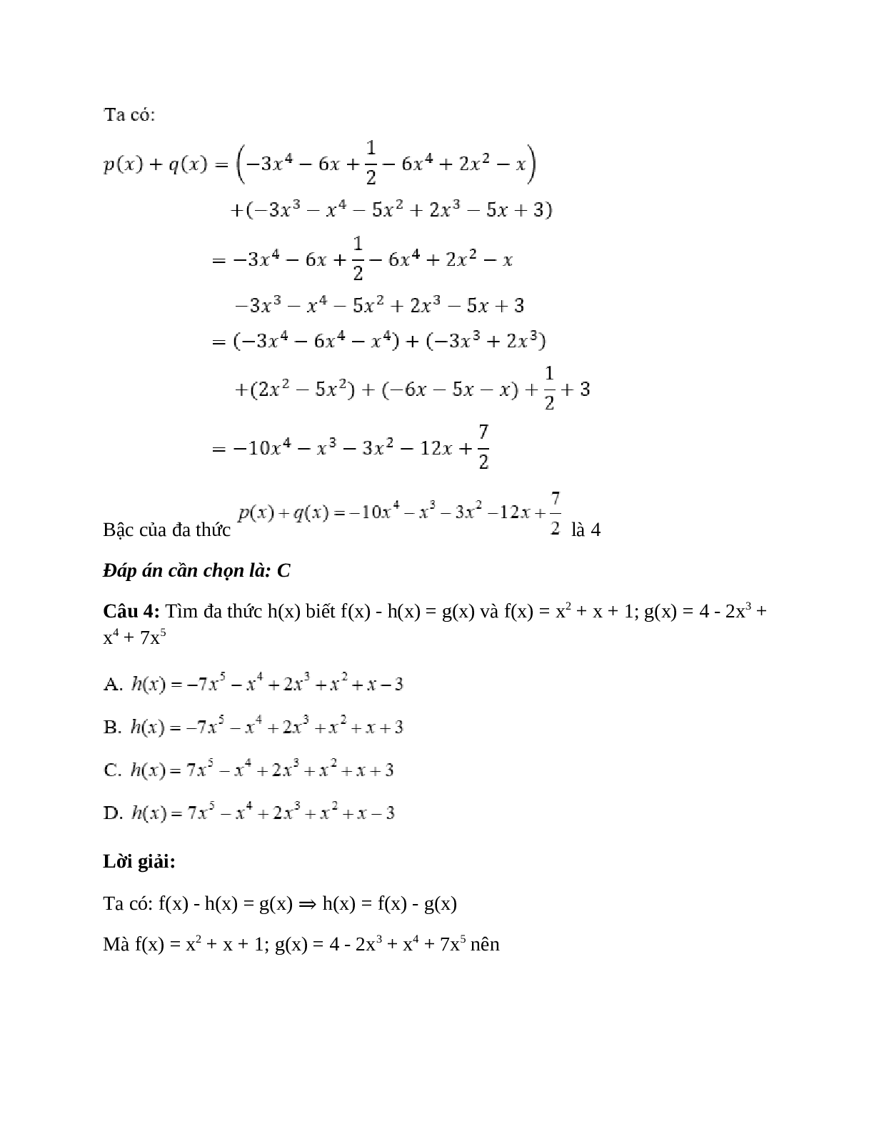 Trắc nghiệm Cộng, trừ đa thức một biến có đáp án – Toán lớp 7 (trang 3)