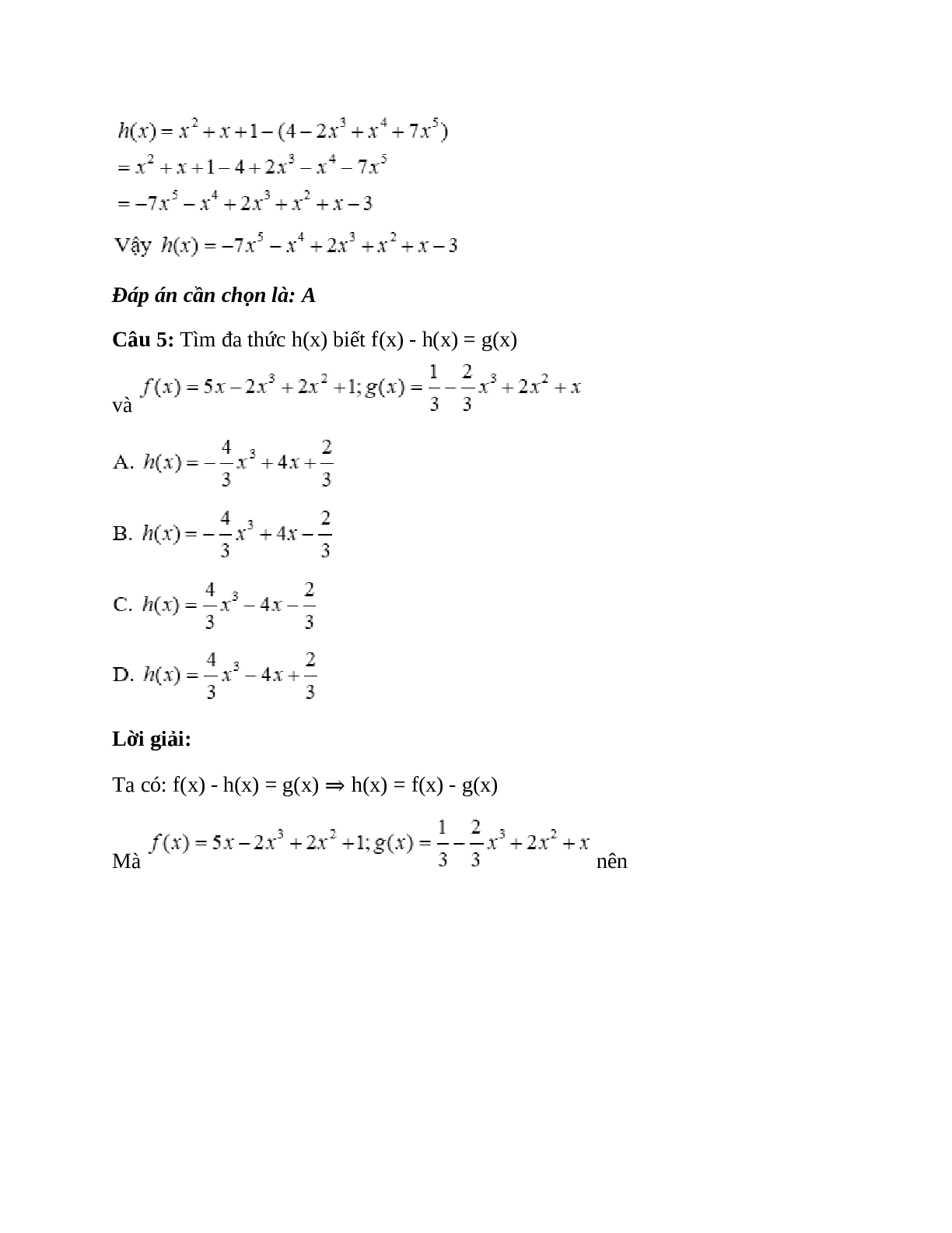 Trắc nghiệm Cộng, trừ đa thức một biến có đáp án – Toán lớp 7 (trang 4)