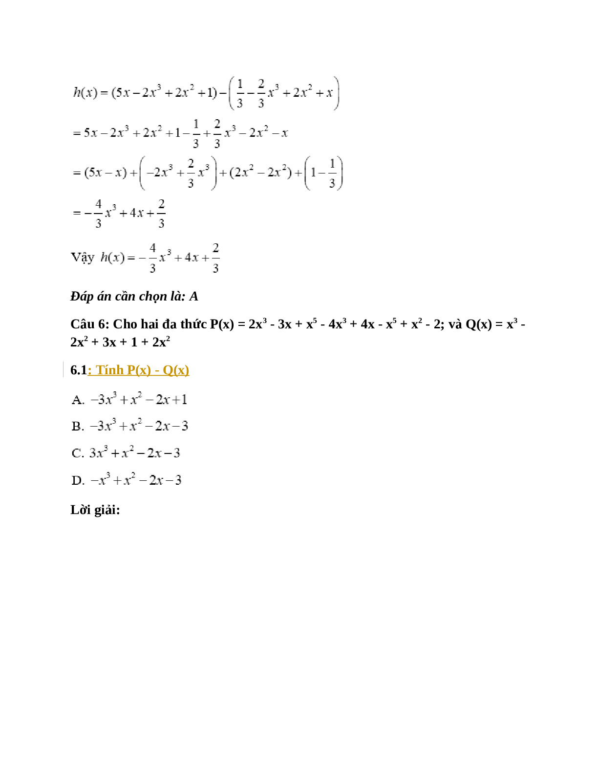 Trắc nghiệm Cộng, trừ đa thức một biến có đáp án – Toán lớp 7 (trang 5)