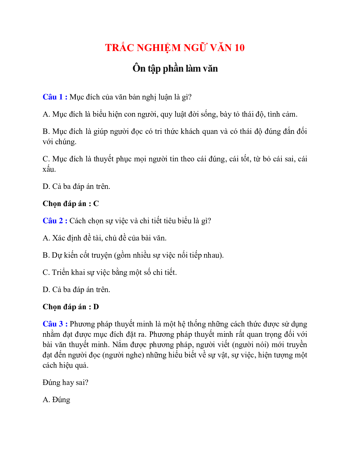 Trắc nghiệm Ôn tập phần làm văn có đáp án – Ngữ văn lớp 10 (trang 1)