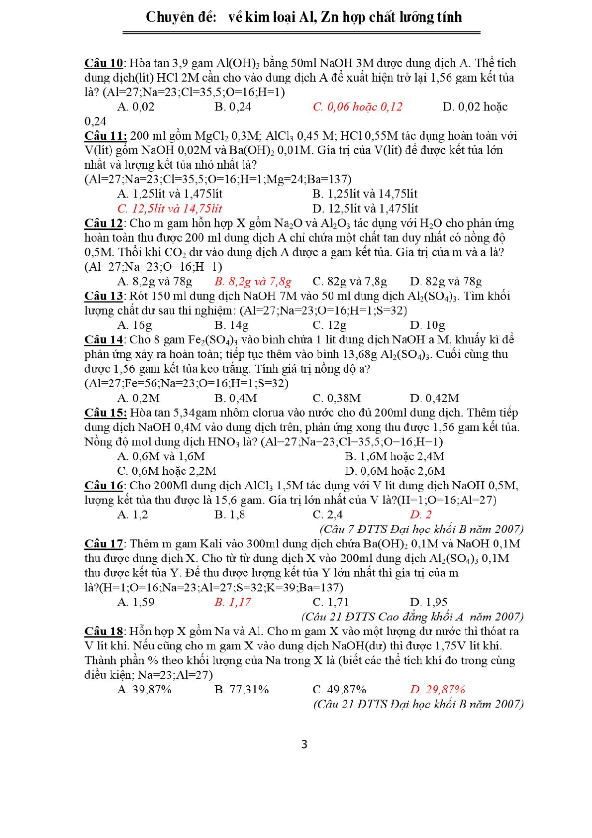 Bài tập về kim loại Al, Zn- hợp chất lưỡng tính có đáp án, chọn lọc (trang 3)