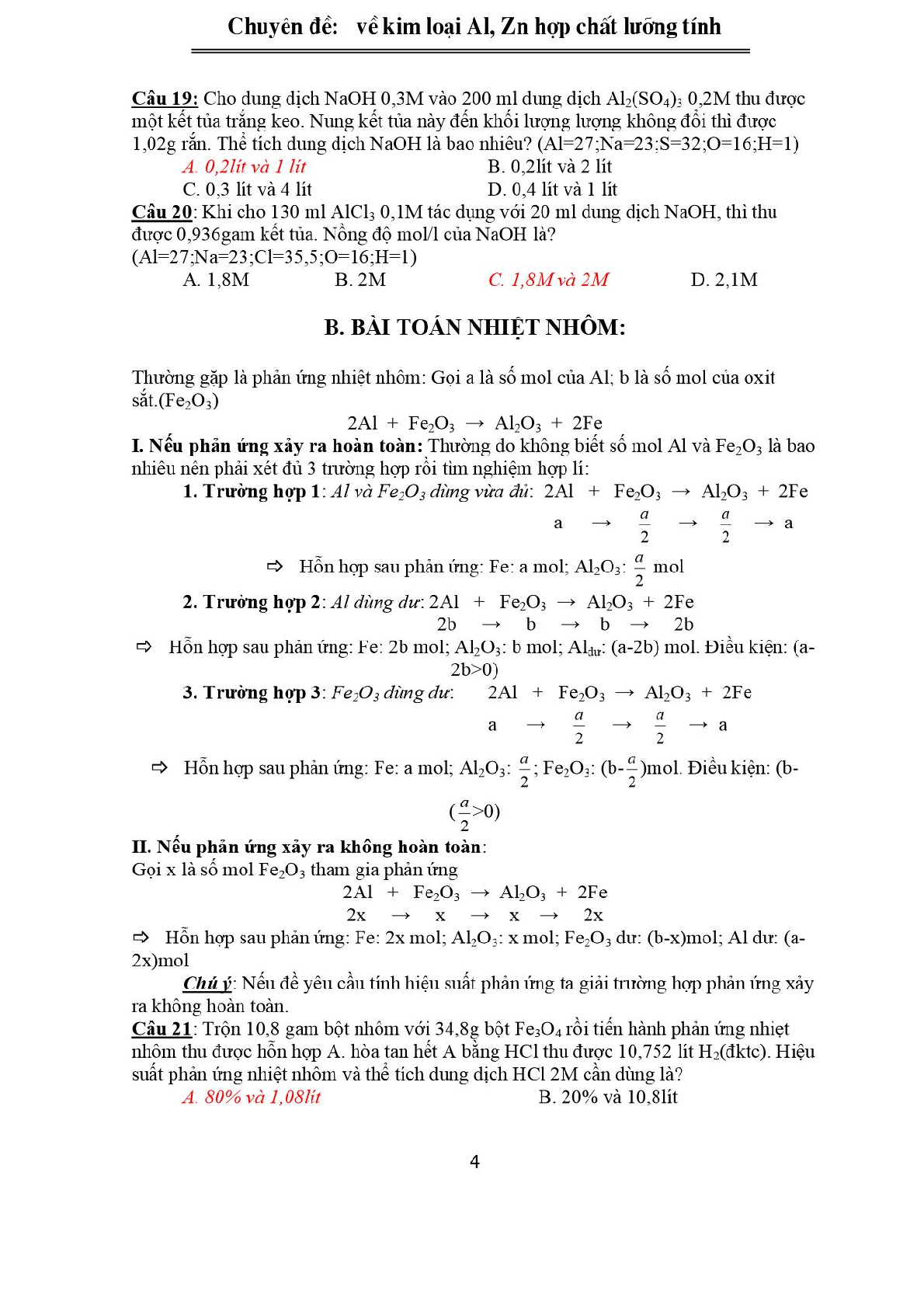 Bài tập về kim loại Al, Zn- hợp chất lưỡng tính có đáp án, chọn lọc (trang 4)
