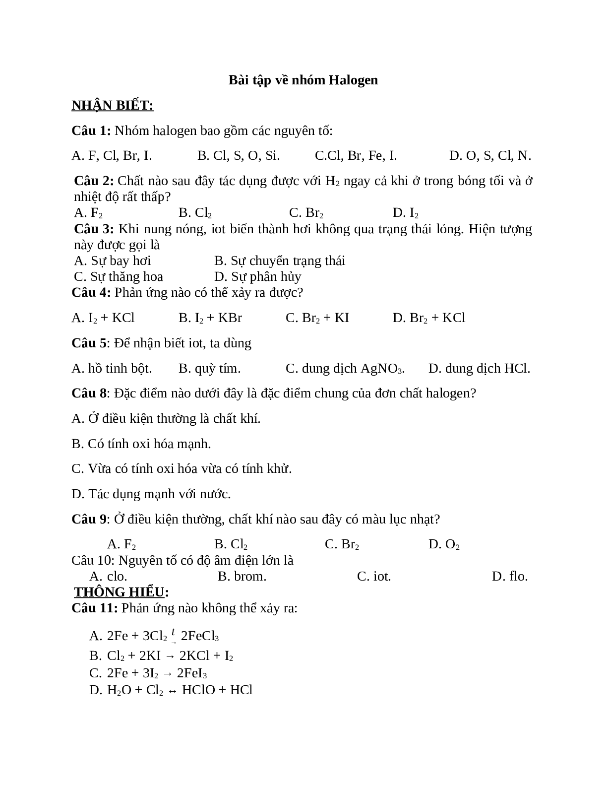 20 câu trắc nghiệm chuyên đề nhóm Halogen (đề 2) (trang 1)