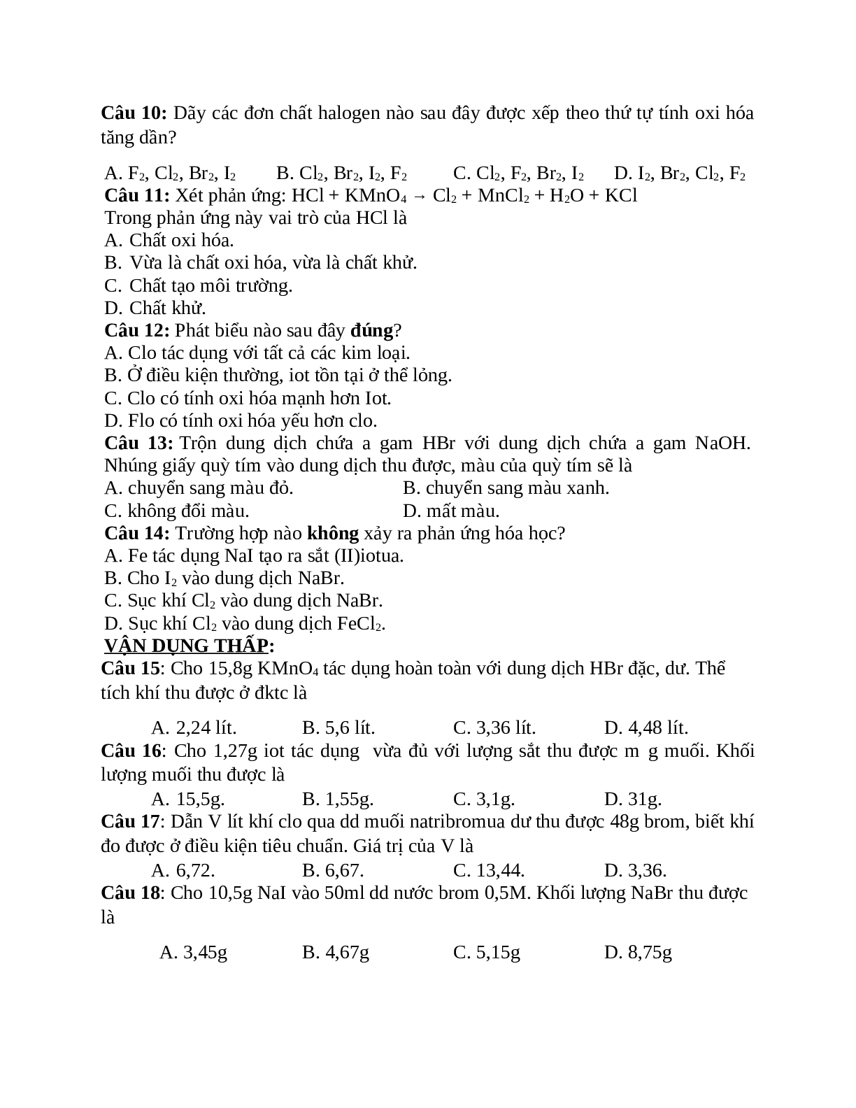20 câu trắc nghiệm chuyên đề nhóm Halogen (đề 2) (trang 2)