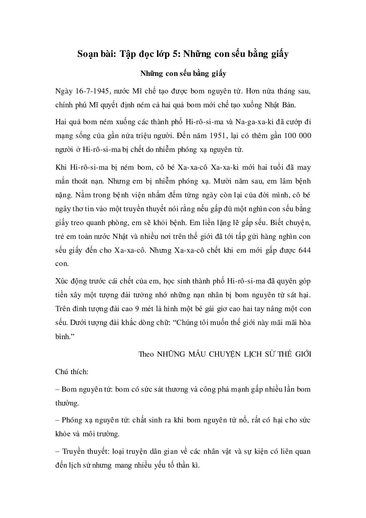 Soạn Tiếng Việt lớp 5: Tập đọc: Những con sếu bằng giấy mới nhất (trang 1)
