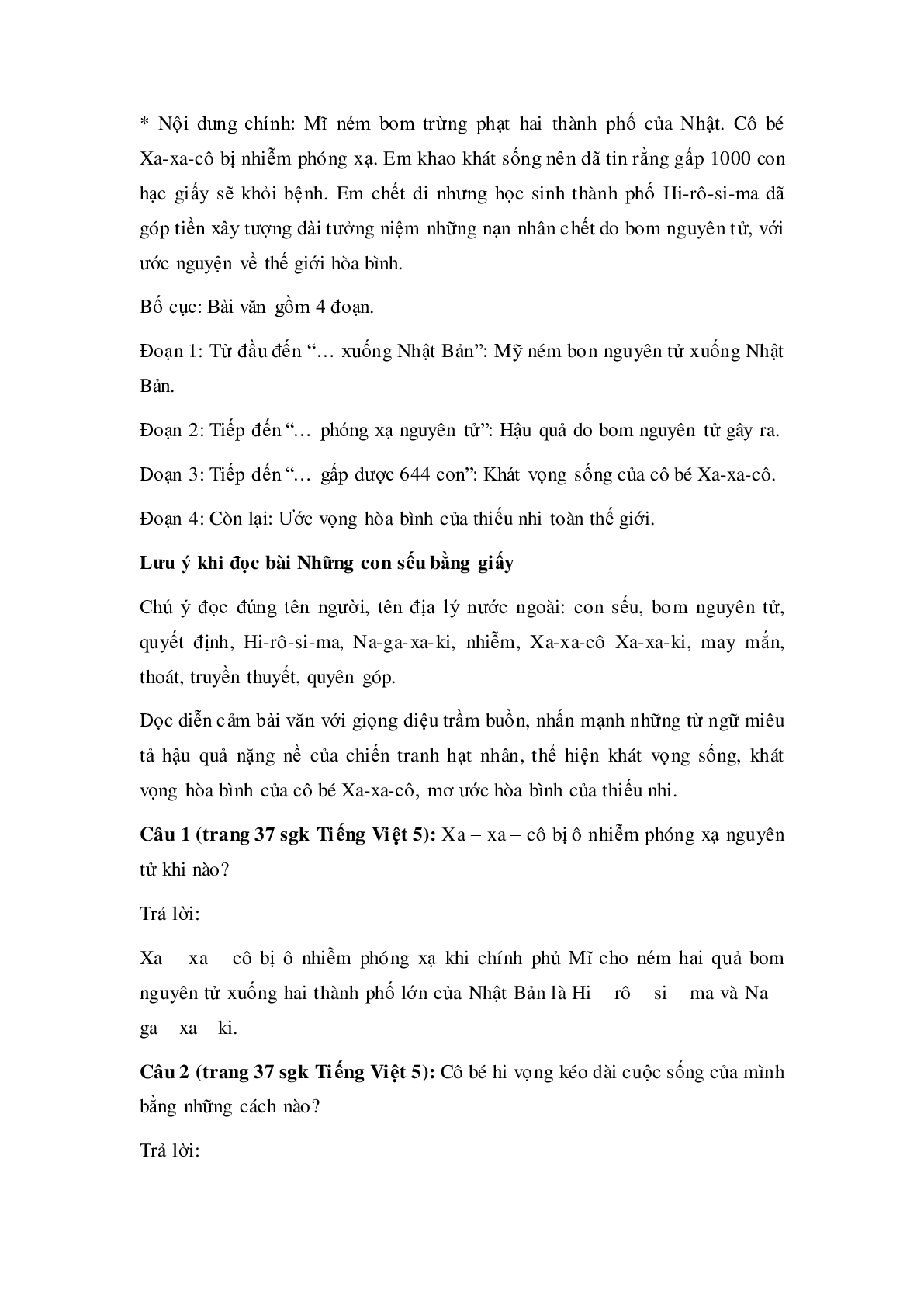 Soạn Tiếng Việt lớp 5: Tập đọc: Những con sếu bằng giấy mới nhất (trang 2)