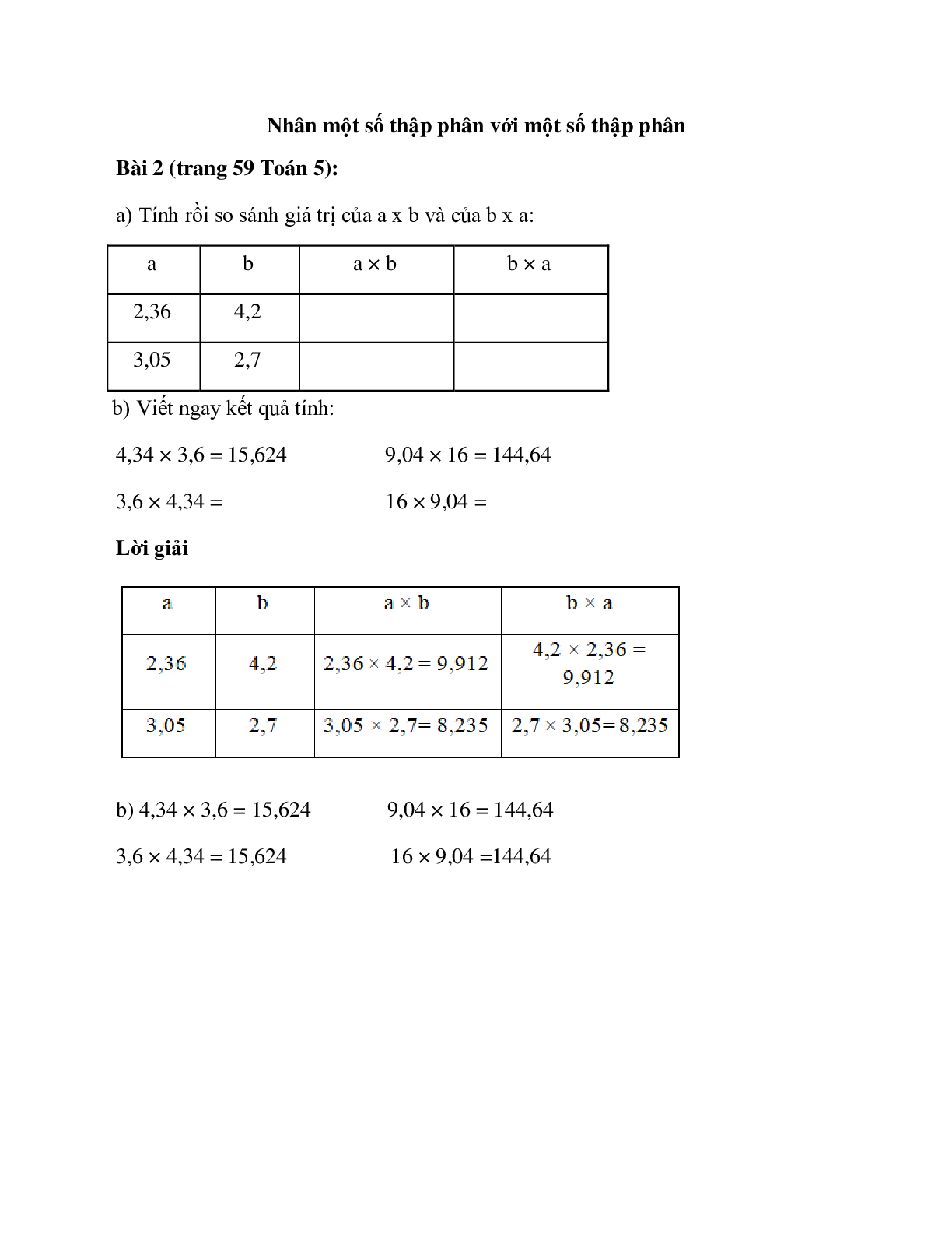 Tính rồi so sánh giá trị của a x b và của b x a (trang 1)